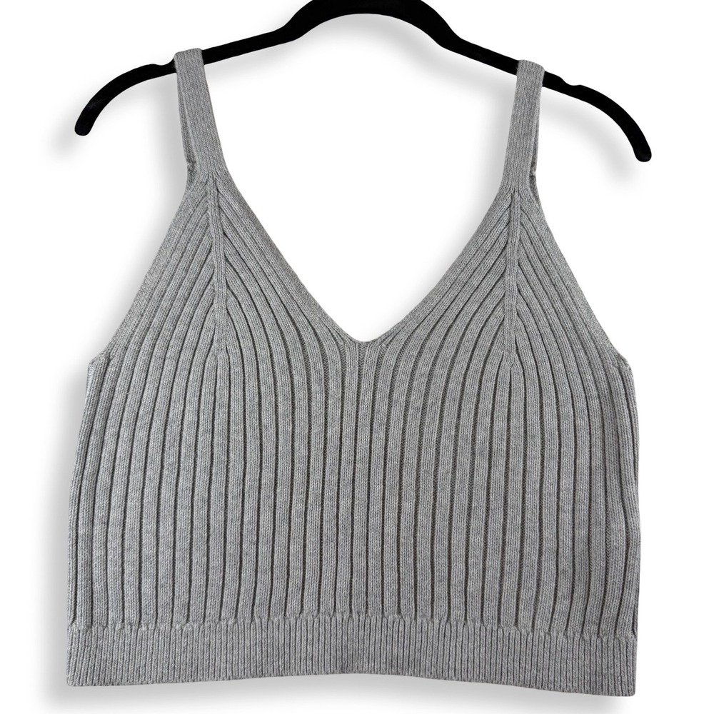 Aerie Real Gray Ribbed 100% Cotton V-Neck Cropped Knit Sweater Tank Women's XL